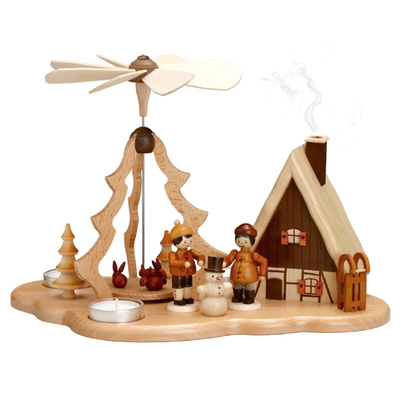 Weihnachtspyramide Teelichtpyramide "Winterkinder" mit Räucherhaus 